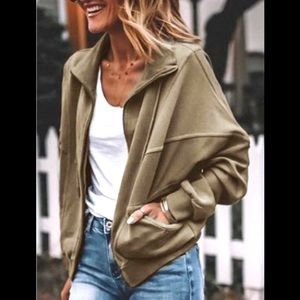 New Modern Lapel Hunter Green Pockets Drawstring Thick Zip Up Comfortable Jacket